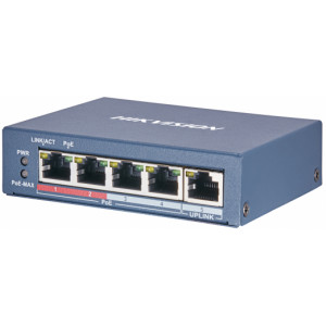 Коммутатор Hikvision DS-3E0105P-E(B) 4 RJ45 100M PoE с грозозащитой 6кВ, 2 порт с высоким приоритетом; 1 Uplink порт 100М Ethernet; бюджет PoE 60Вт; поддержка режима передачи до 250м,10Мб/с,
