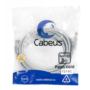 Cabeus PC-UTP-RJ45-Cat.5e-3m Патч-корд U/UTP, категория 5е, 2xRJ45/8p8c, неэкранированный, серый, PVC, 3м
